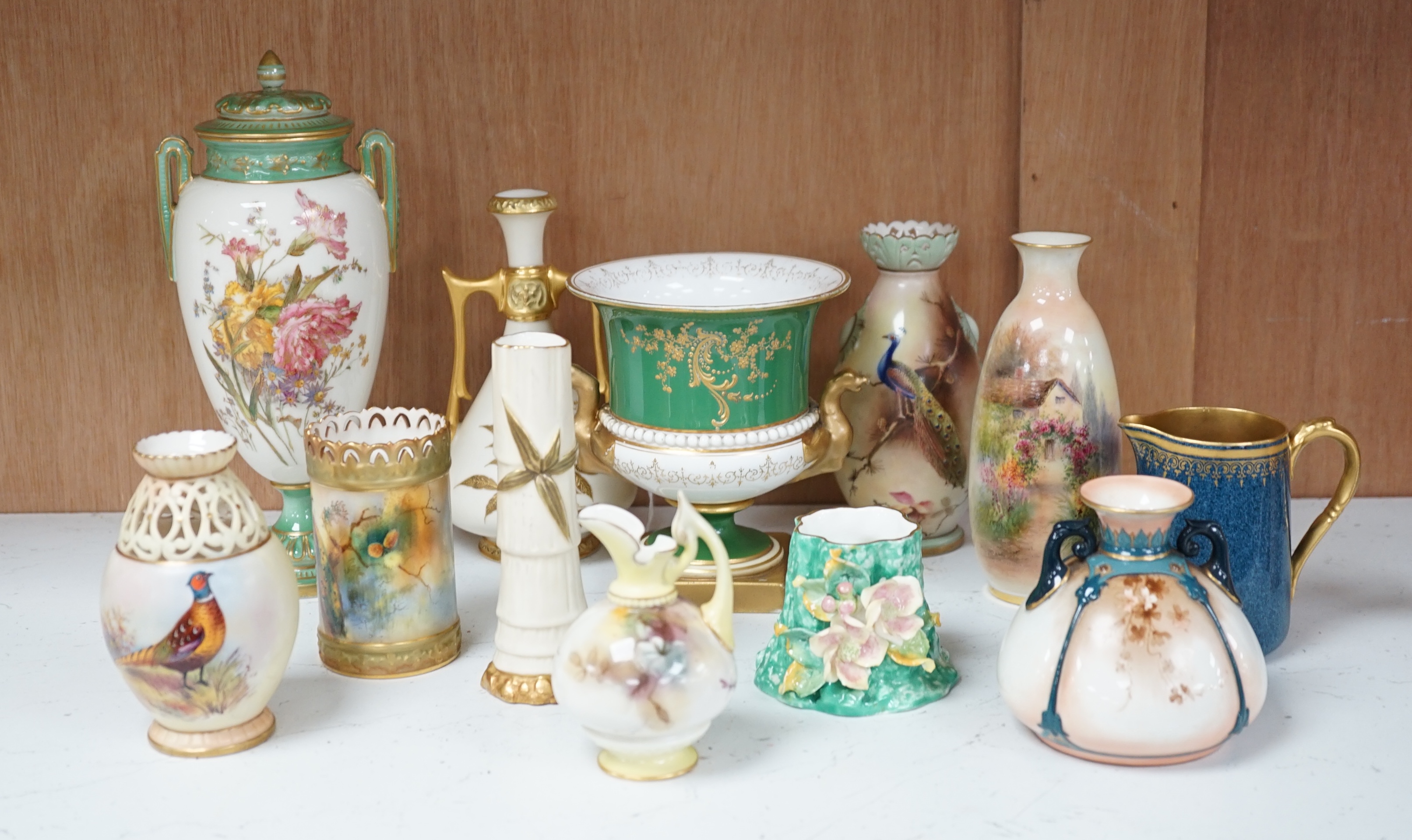 Twelve Worcester ornamental items, including Hadley's and Locke, tallest jar and cover 21cm high (12). Condition - fair, some small chips to floral encrusted vase